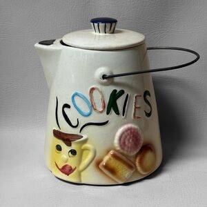 Vintage USA American Bisque Coffee Pot Style Cookie Jar 1950's Metal Handle